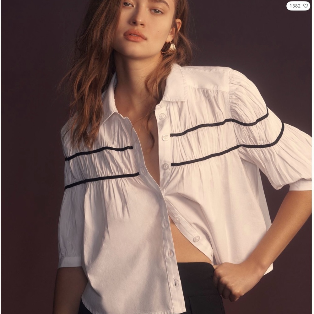 Anthropologie Maeve White Button-Down Shirt with Black Trim Leandra Shirred Yoke